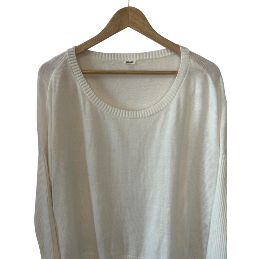 GARAGE Cream Lightweight Knit Ribbed Sleeve Short Pullover Scoop Neck Sweater M - Picture 2 of 9